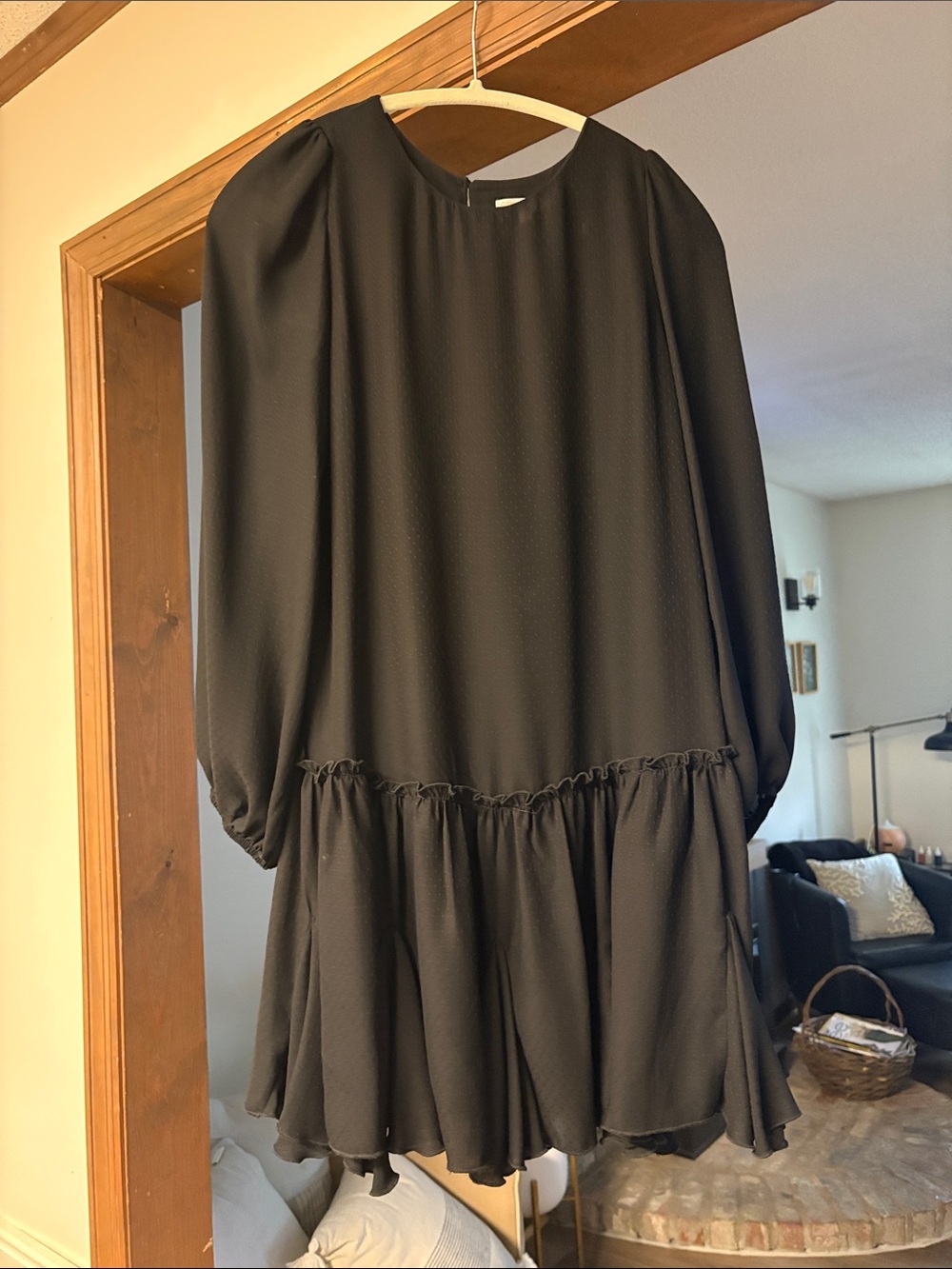 Long Sleeve Black Ruffle Hem Mini Dress